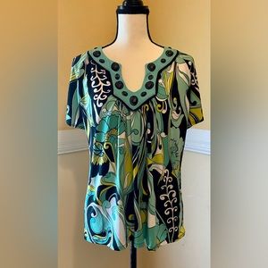 GABRIELLA ROSSI Ladies Top; Large; Colors of turquoise, blue, Blk, yellow; NWOT
